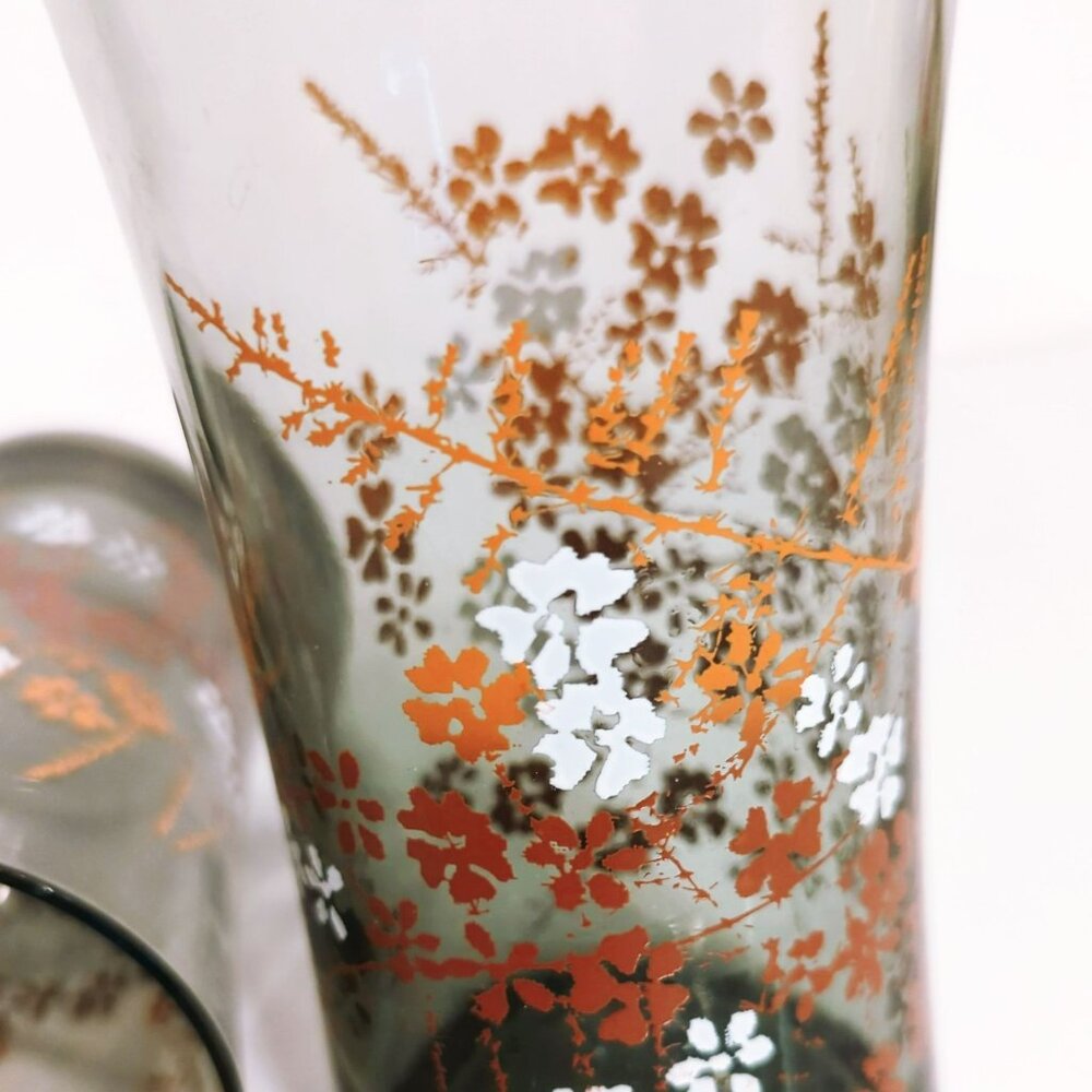 Vintage Libbey 70s Glass Tumblers Set Floral Tawny Orange Smoke 14oz Fall Vibes - Picture 5 of 5